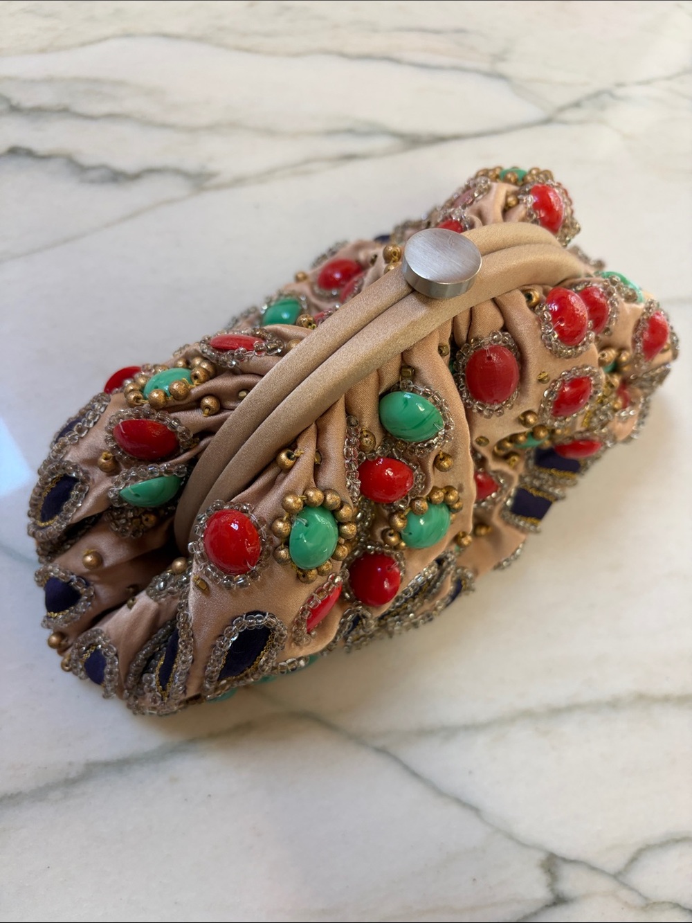 Santo beaded Embellished Floral Clutch, Beige, Turquoise & Red & Navy w chain - Picture 6 of 11